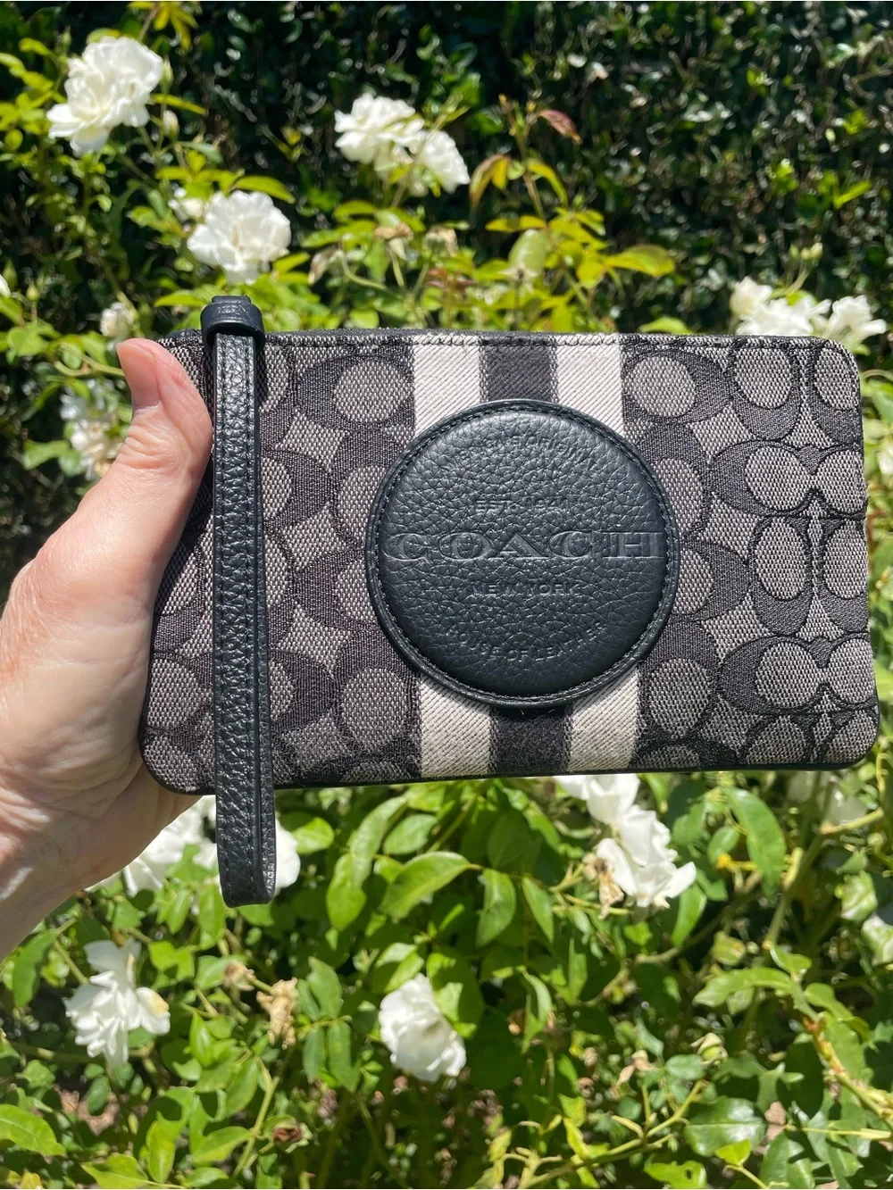 Coach Dempsey C8841 Large Corner Zip Wristlet Signature Jacquard Black Stripe